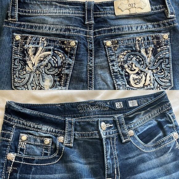 Miss Me Midrise Bootcut Blue Denim Cowgirl Jeans with Rhinestones Size 38 x 31 - Picture 6 of 8